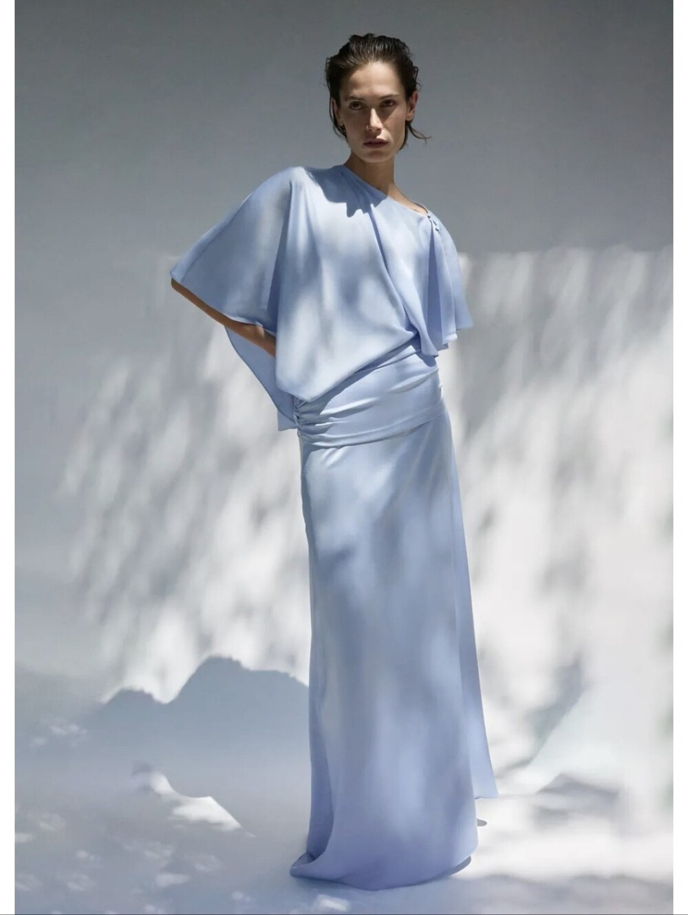 ASYMMETRIC CAPE SATIN EFFECT DRESS